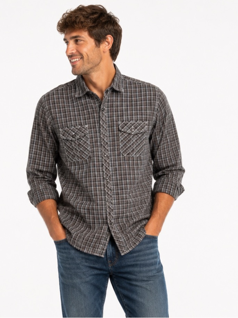 Michael Brandon Black Grey Plaid Long Sleeved Casual Western Casual Dress Shirt